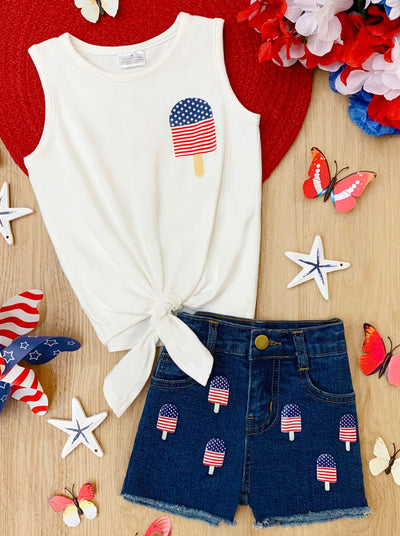 Mia Belle Girls Popsicle Knit Hem Top And Denim Shorts | 4th of July