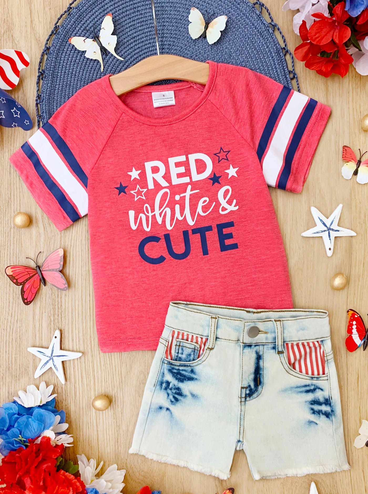 Girls Red, White, And Cute Top And Denim Shorts Set | 4th of July