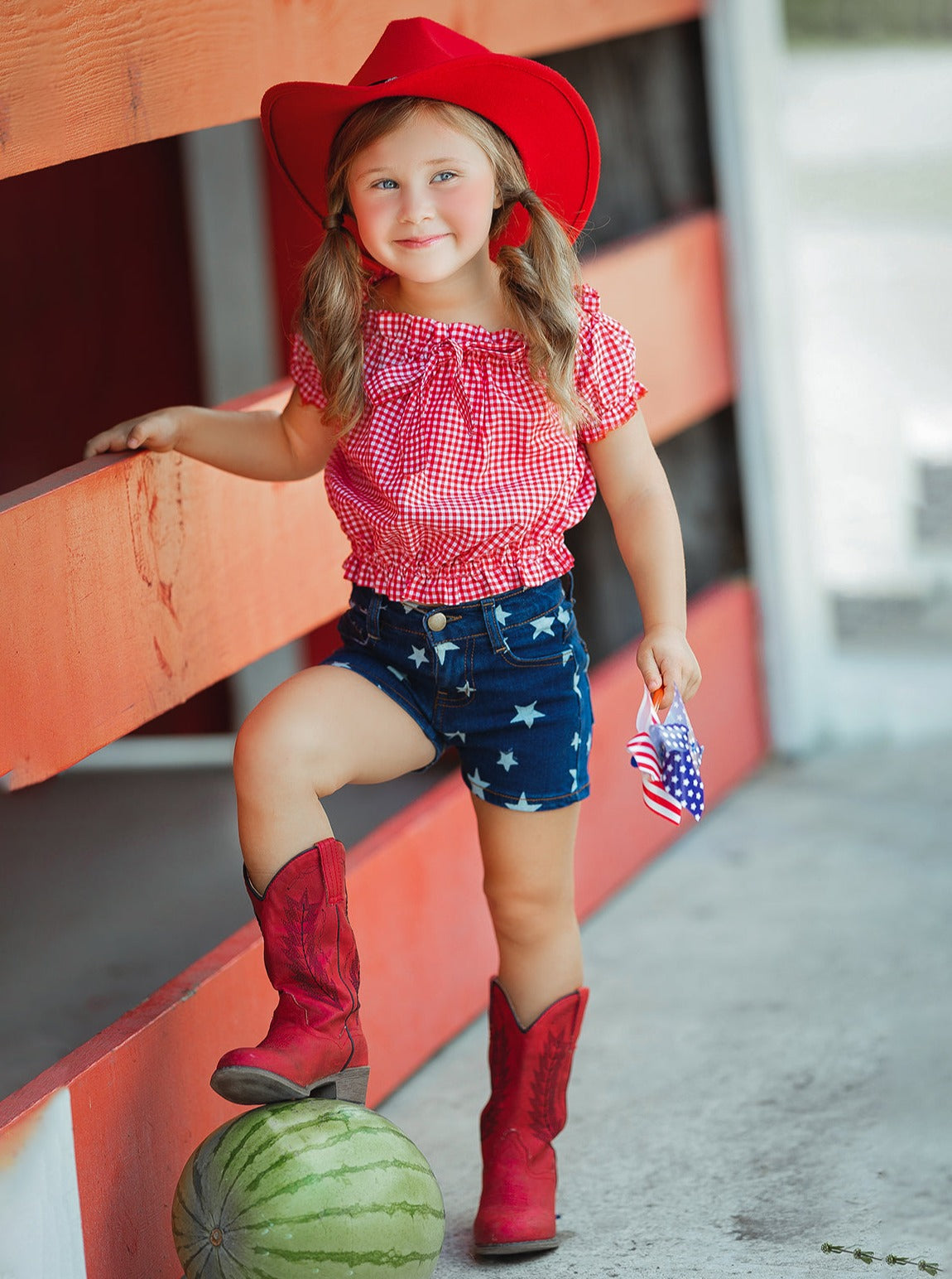 Girls 4th of July Outfits | Plaid Smocked Top & Star Denim Shorts Set