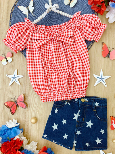 Girls 4th of July Outfits | Plaid Smocked Top & Star Denim Shorts Set