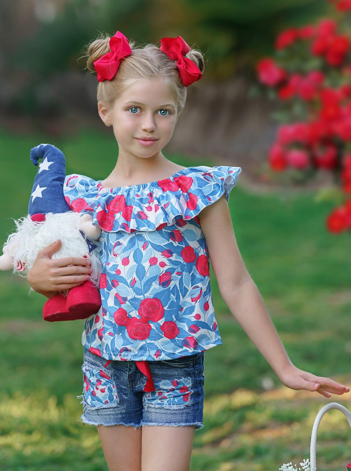 Girls Floral Ruffle Top And Patched Denim Shorts Set | 4th of July