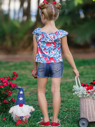 Girls Floral Ruffle Top And Patched Denim Shorts Set | 4th of July