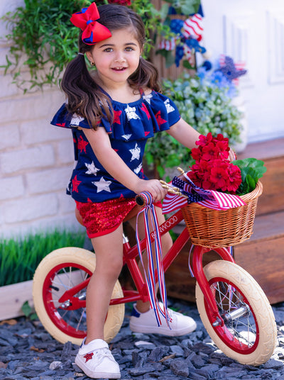 Girls Star Ruffle Bib Top And Sequin Shorts Set | 4th of July