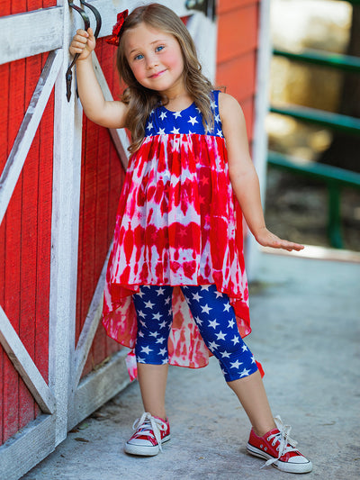 Girls 4th of July Outfits | USA Tie Dye Hi-Lo Tunic & Legging Set