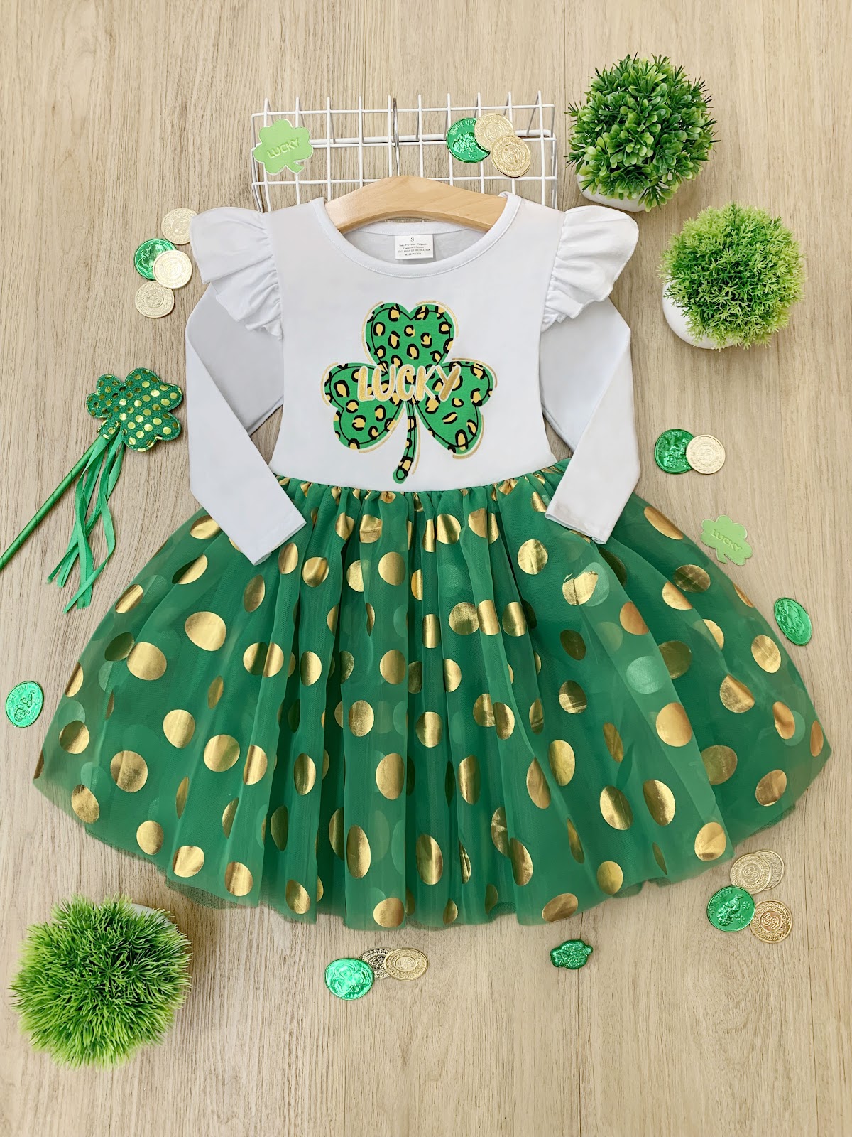 St. Patrick's Day Dress | Little Girls Golden Polka Dot Tutu Dress