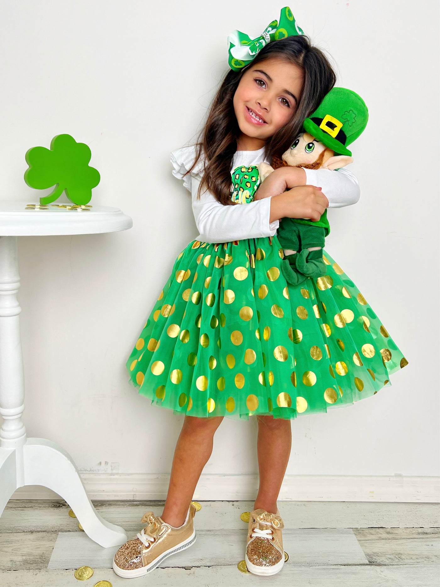 St. Patrick's Day Dress | Little Girls Golden Polka Dot Tutu Dress