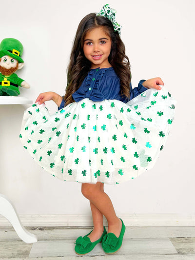St. Patrick's Day Outfit | Girls Chambray Shimmer Clover Tutu Dress