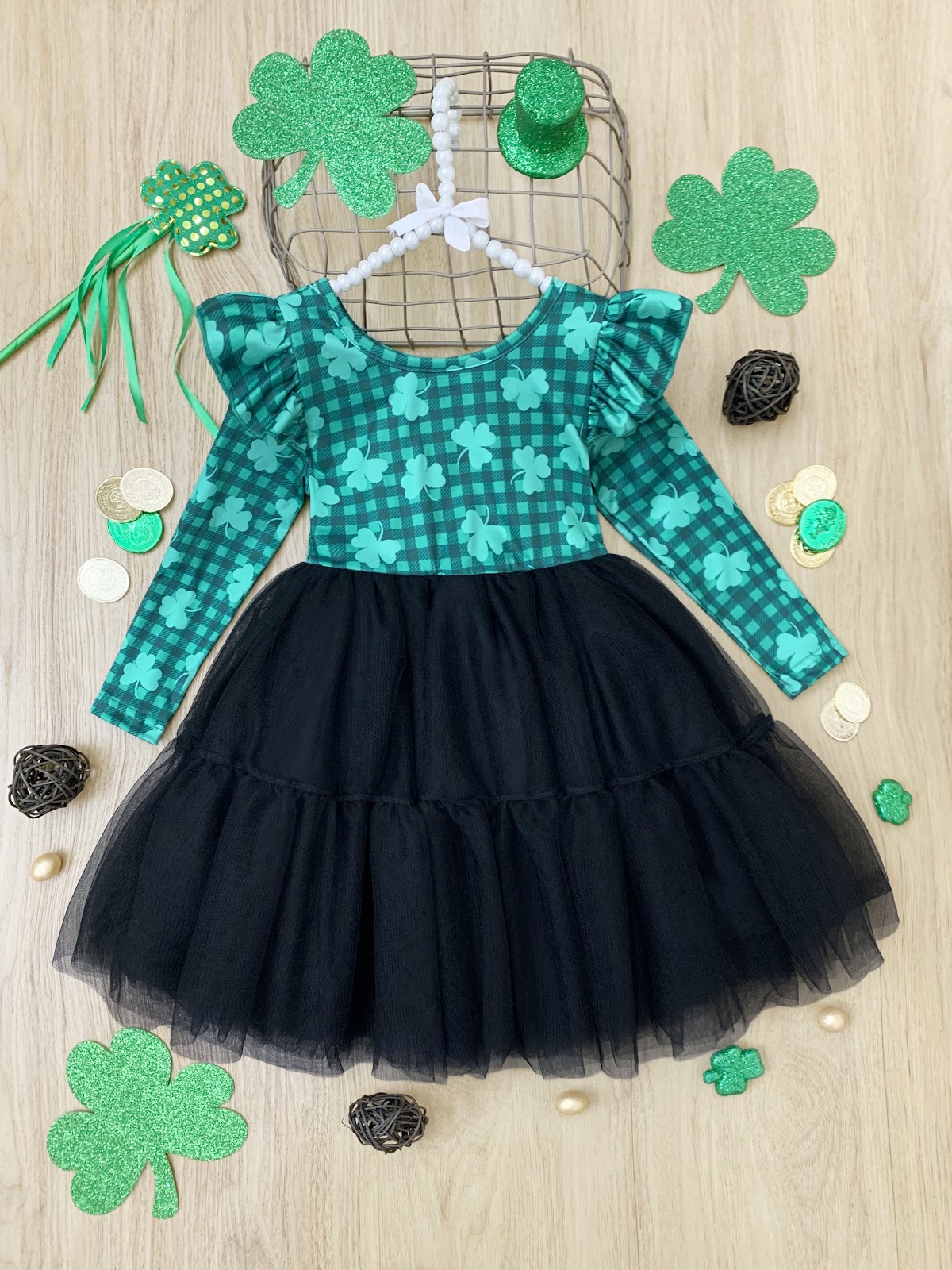 St. Patrick's Day Dress | Little Girls Plaid Clover Tutu Dress
