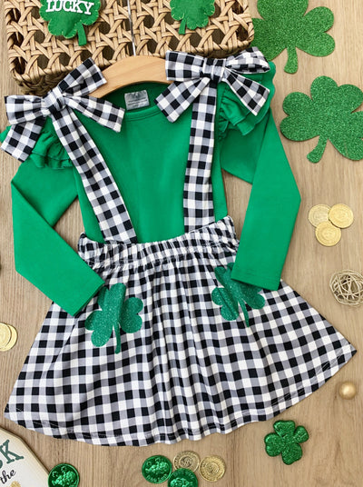 St. Patrick's Day Clothes | Girls Green Top & Plaid Overall Skirt Set
