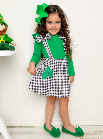 St. Patrick's Day Clothes | Girls Green Top & Plaid Overall Skirt Set