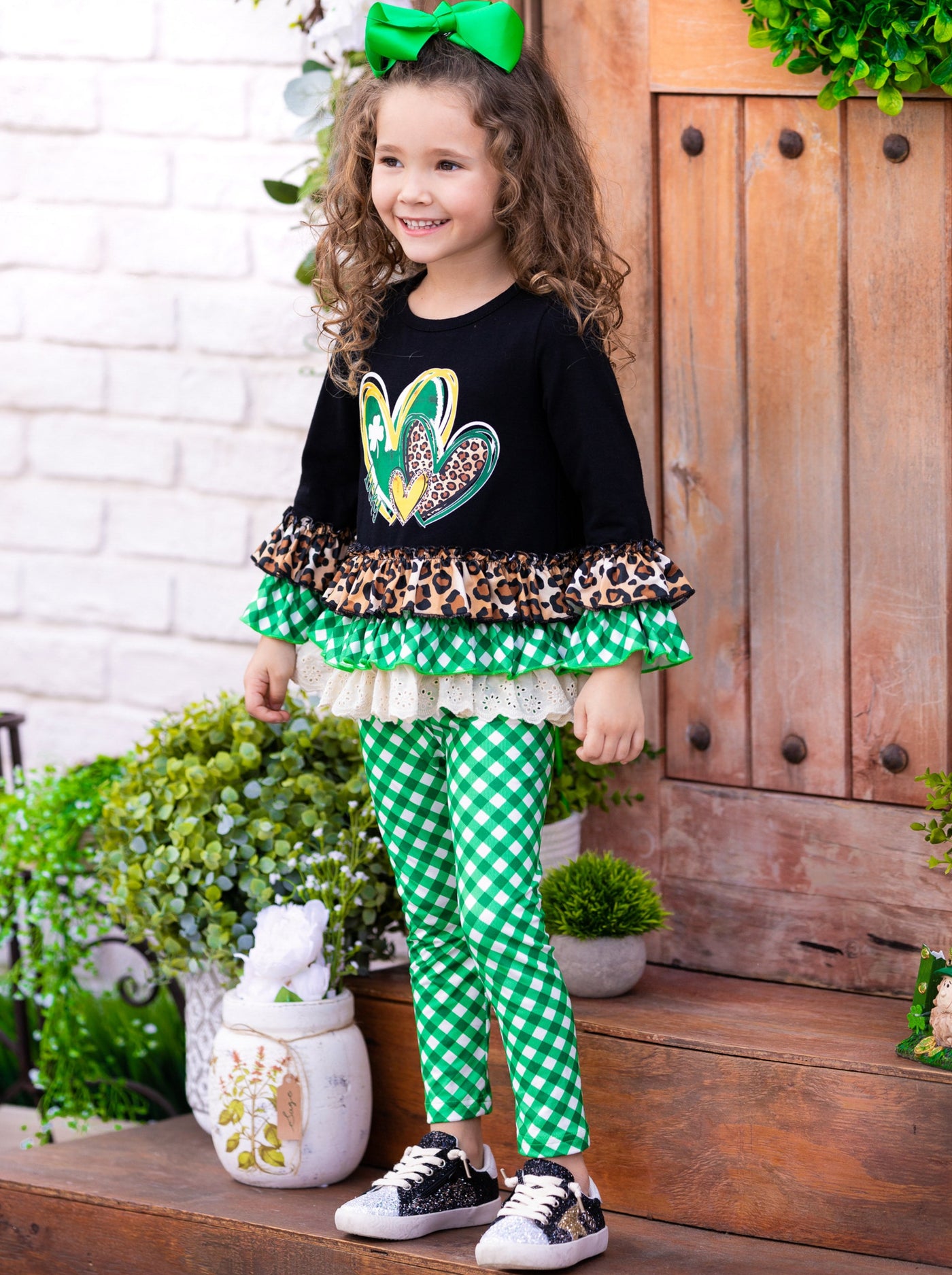 St. Patrick's Day Clothes | Leopard Plaid Peplum Top & Legging Set
