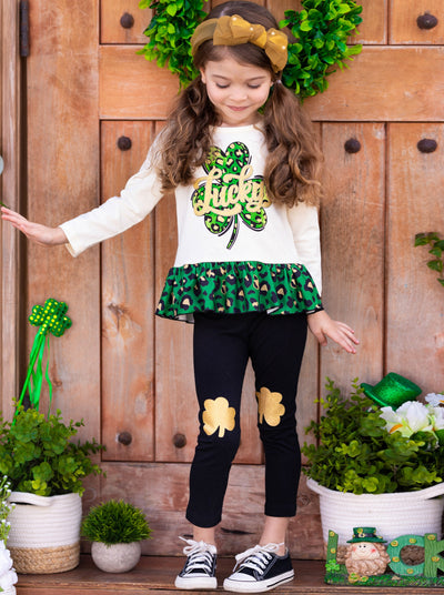 St. Patrick's Day Clothes | Clover Peplum Top & Patched Legging Set