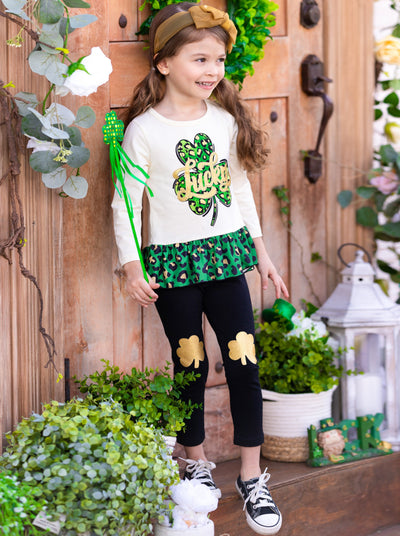 St. Patrick's Day Clothes | Clover Peplum Top & Patched Legging Set