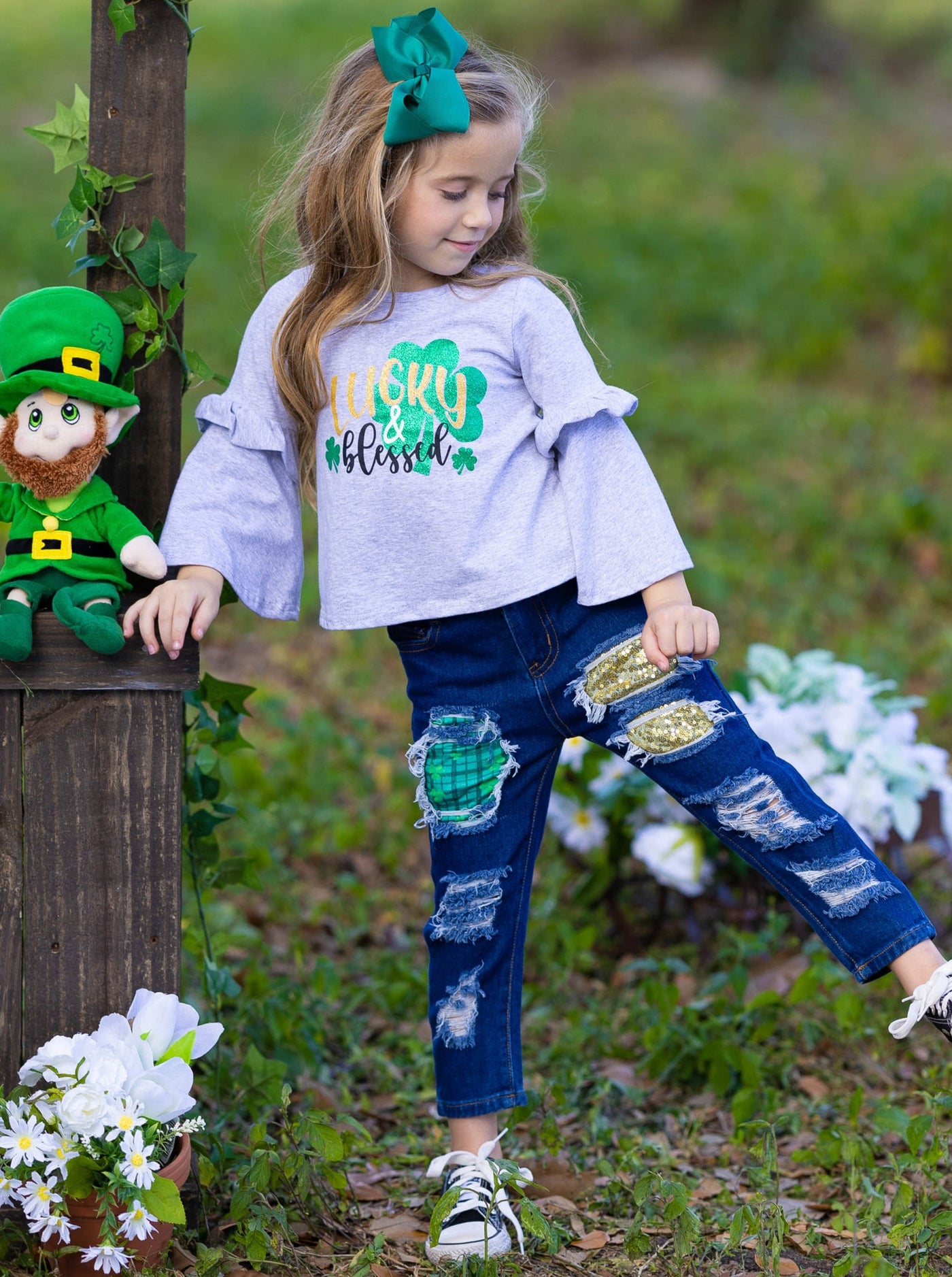 St. Patrick's Day Clothes | Lucky & Blessed Top & Patched Jeans Set