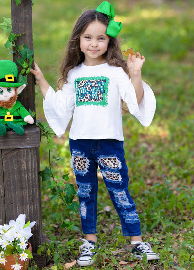 St. Patrick's Day Clothes | Girls Bell Sleeve Top & Patched Jeans Set