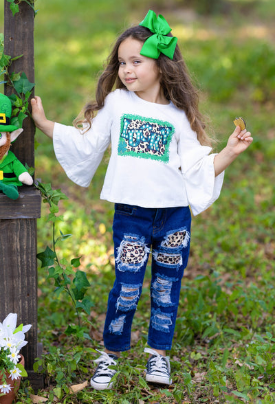 St. Patrick's Day Clothes | Girls Bell Sleeve Top & Patched Jeans Set