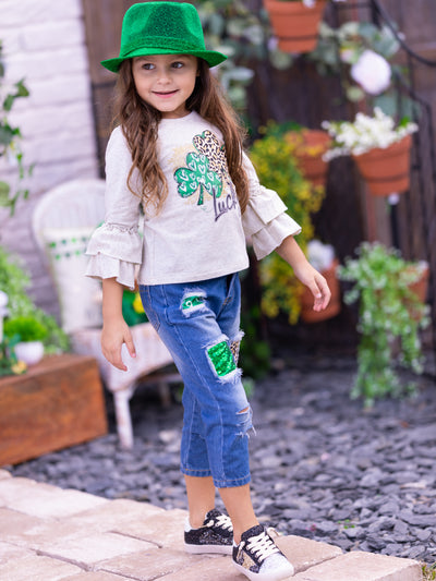 St. Patrick's Day Clothes | Girls Lucky Clover Top & Patched Jeans Set