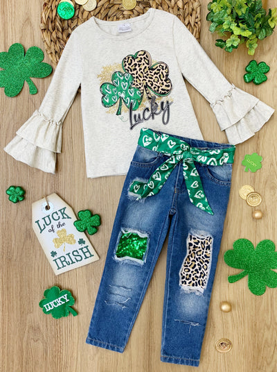 St. Patrick's Day Clothes | Girls Lucky Clover Top & Patched Jeans Set