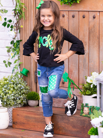St. Patrick's Day Clothing | Girls Lucky Top and Patched Jeans Set