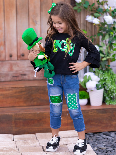 St. Patrick's Day Clothing | Girls Lucky Top and Patched Jeans Set