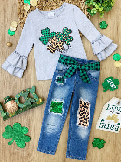 St. Patrick's Day Clothes | Mixed Print Clover Top & Patched Jeans Set