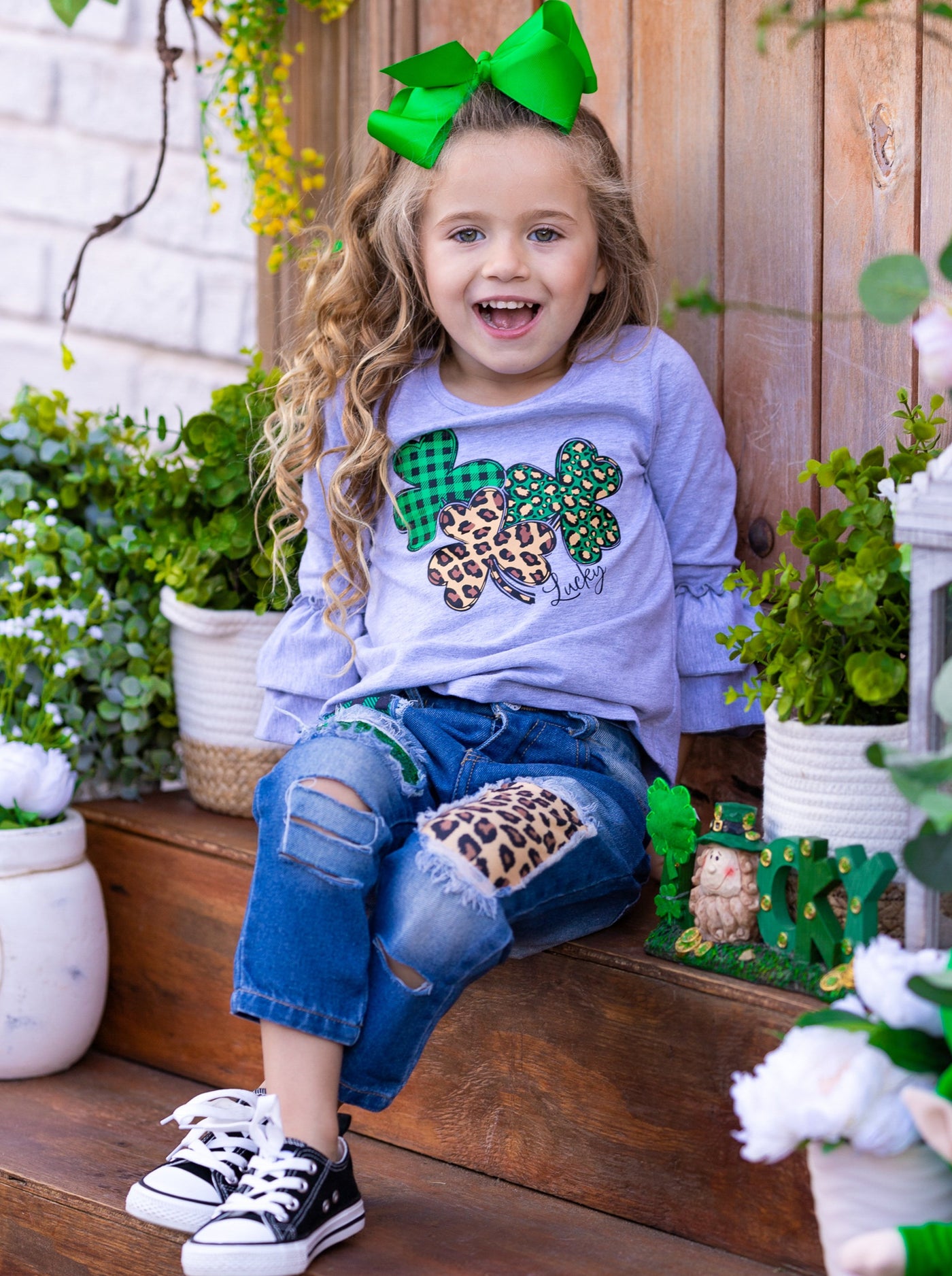 St. Patrick's Day Clothes | Mixed Print Clover Top & Patched Jeans Set