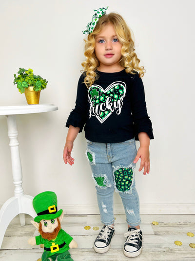St. Patrick's Day Clothes | Lucky Bell-Sleeved Top & Patched Jeans Set