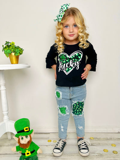 St. Patrick's Day Clothes | Lucky Bell-Sleeved Top & Patched Jeans Set