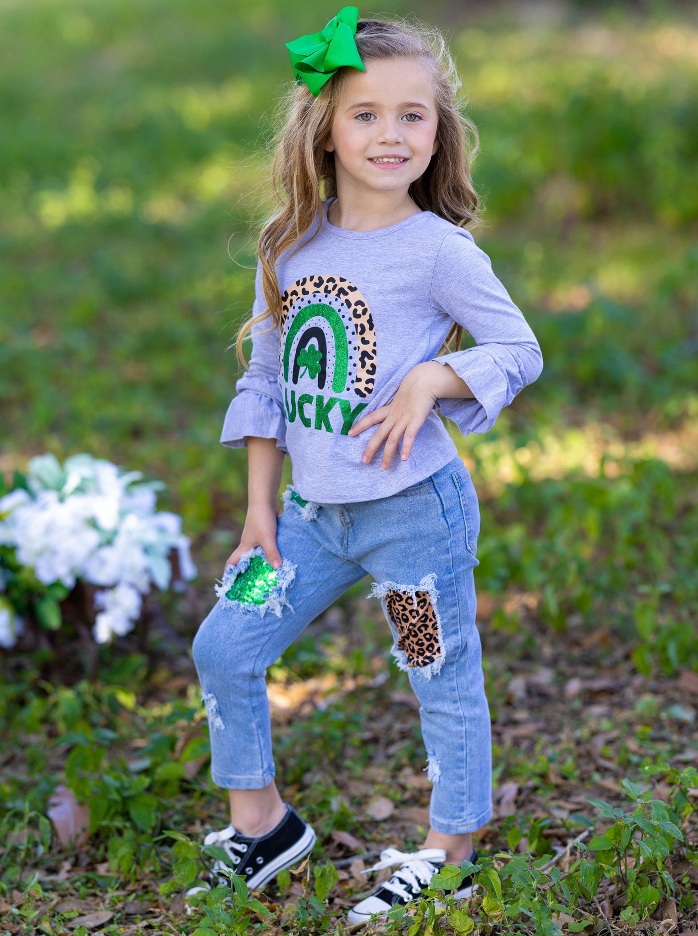 St. Patrick's Day Clothes | Girls Lucky Top & Patched Jeans Set