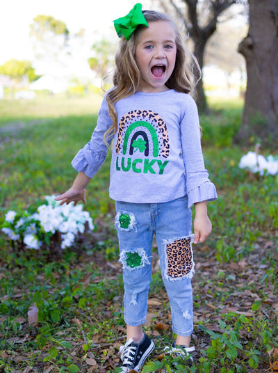 St. Patrick's Day Clothes | Girls Lucky Top & Patched Jeans Set