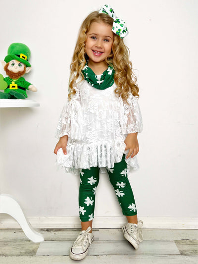 Mia Belle Girls St. Patrick's Lace Tunic Legging  And Scarf Set