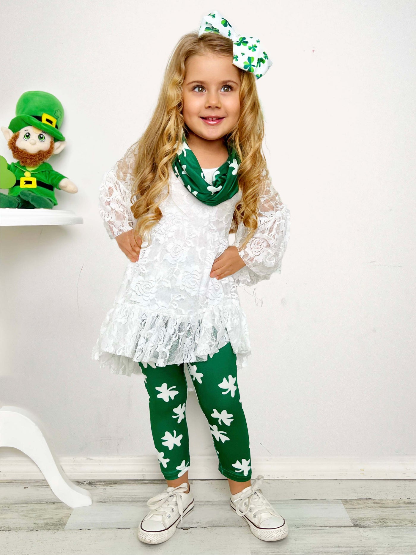Mia Belle Girls St. Patrick's Lace Tunic Legging  And Scarf Set