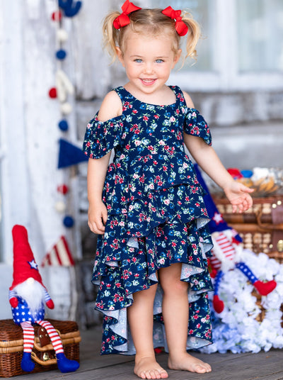 Spring Toddler Outfit | Girls Floral Cold Shoulder Hi Lo Ruffle Dress