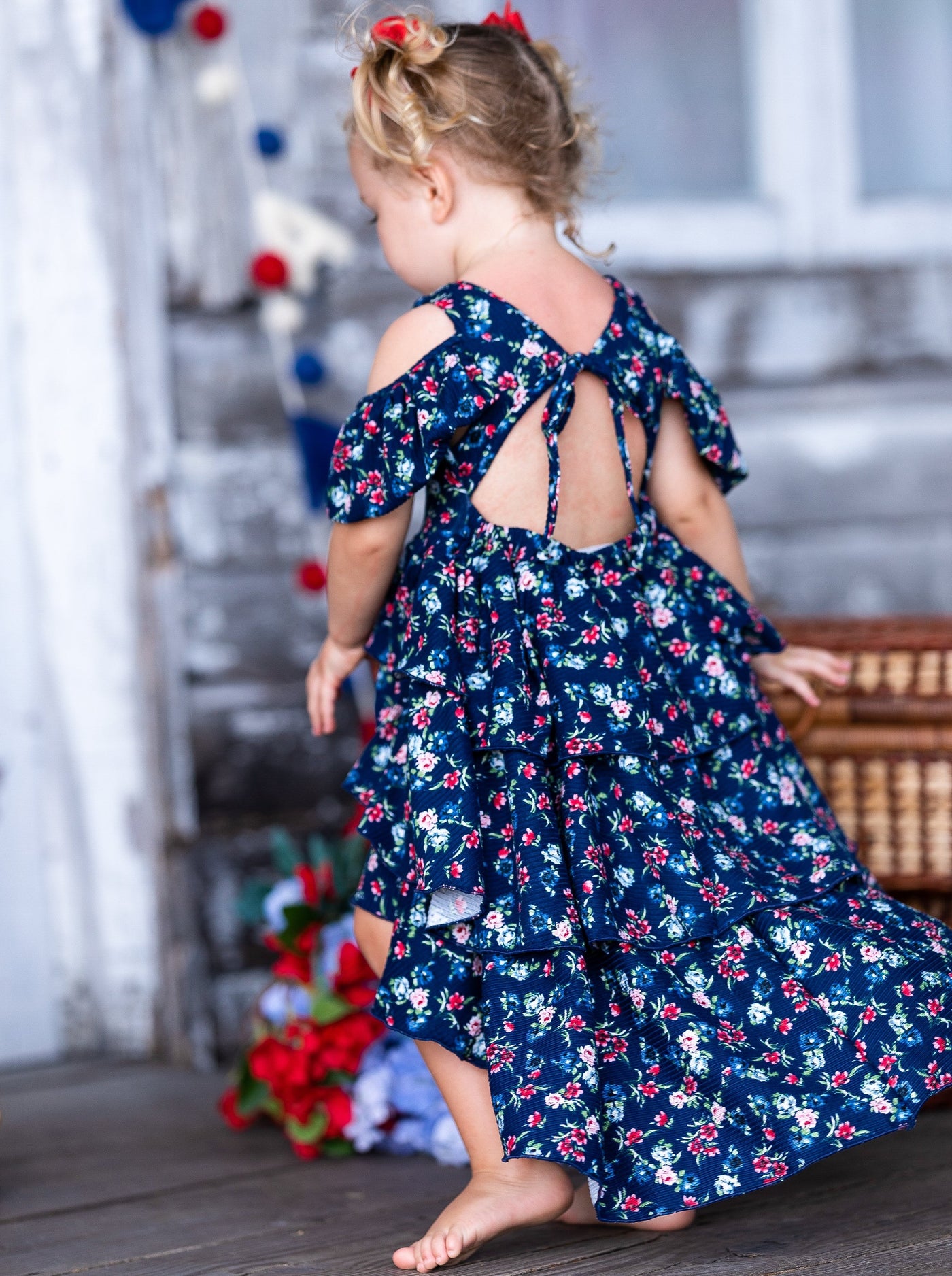 Spring Toddler Outfit | Girls Floral Cold Shoulder Hi Lo Ruffle Dress