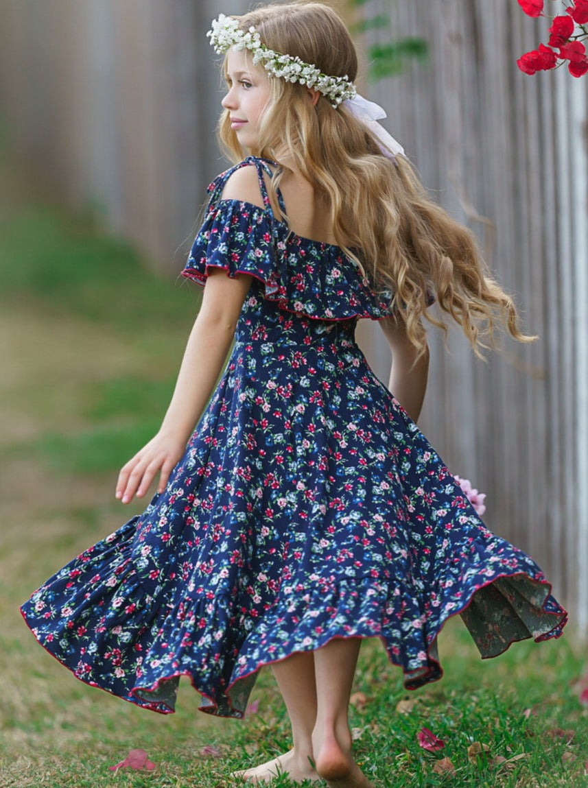 Toddler Spring Dresses | Girls Calico Cold Shoulder Ruffle Sundress