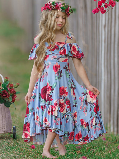 Toddler Spring Dresses | Girls Blue Floral Cold Shoulder Maxi Sundress ...