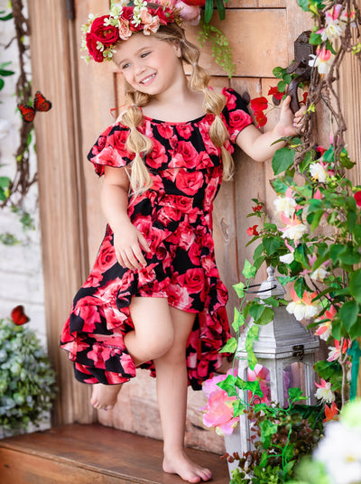 Toddler Spring Outfits | Girls Floral Print Cold Shoulder Romper Dress