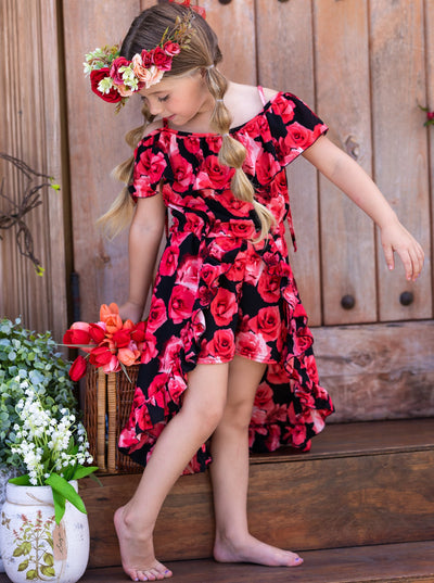 Toddler Spring Outfits | Girls Floral Print Cold Shoulder Romper Dress