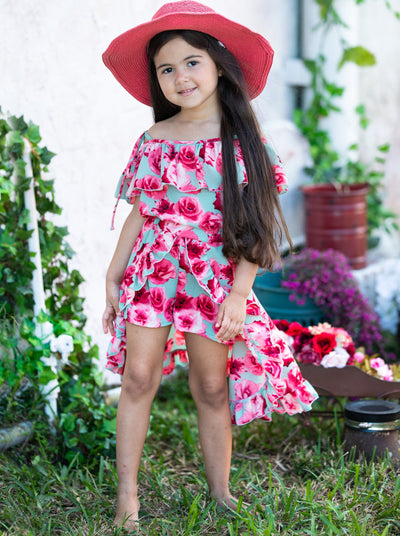 Toddler Spring Outfits | Girls Floral Cold Shoulder Romper Dress