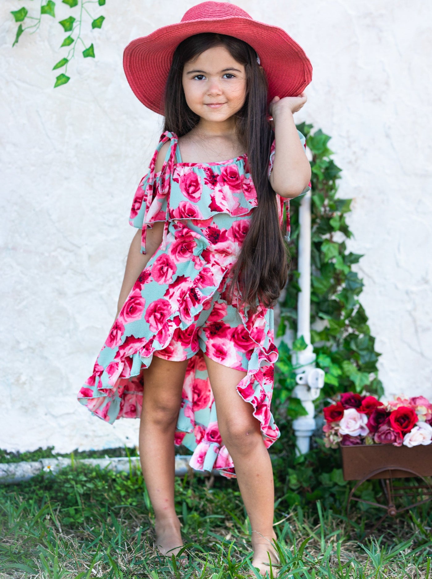 Toddler Spring Outfits | Girls Floral Cold Shoulder Romper Dress