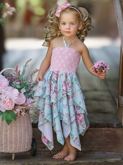 Toddler Spring Dress | Girls Smocked Top Rose Print Handkerchief Dress