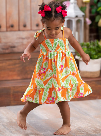 Girls Bahama Breeze Tropical Print Smocked Dress