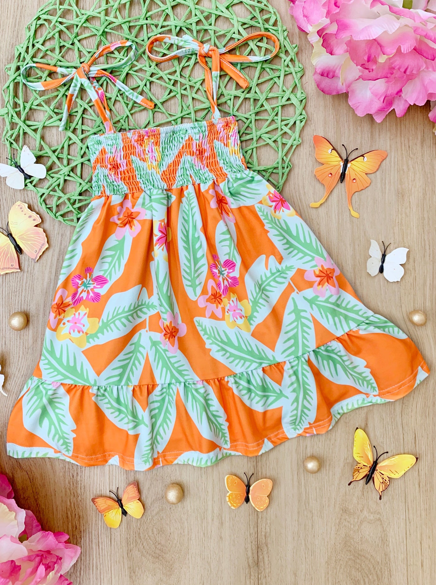 Girls Bahama Breeze Tropical Print Smocked Dress