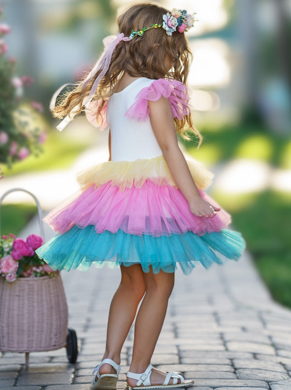 Spring Toddler Outfits | Girls Sleeveless Rainbow Ruffle Tulle Dress
