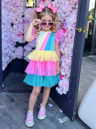 Spring Toddler Outfits | Girls Sleeveless Rainbow Ruffle Tulle Dress