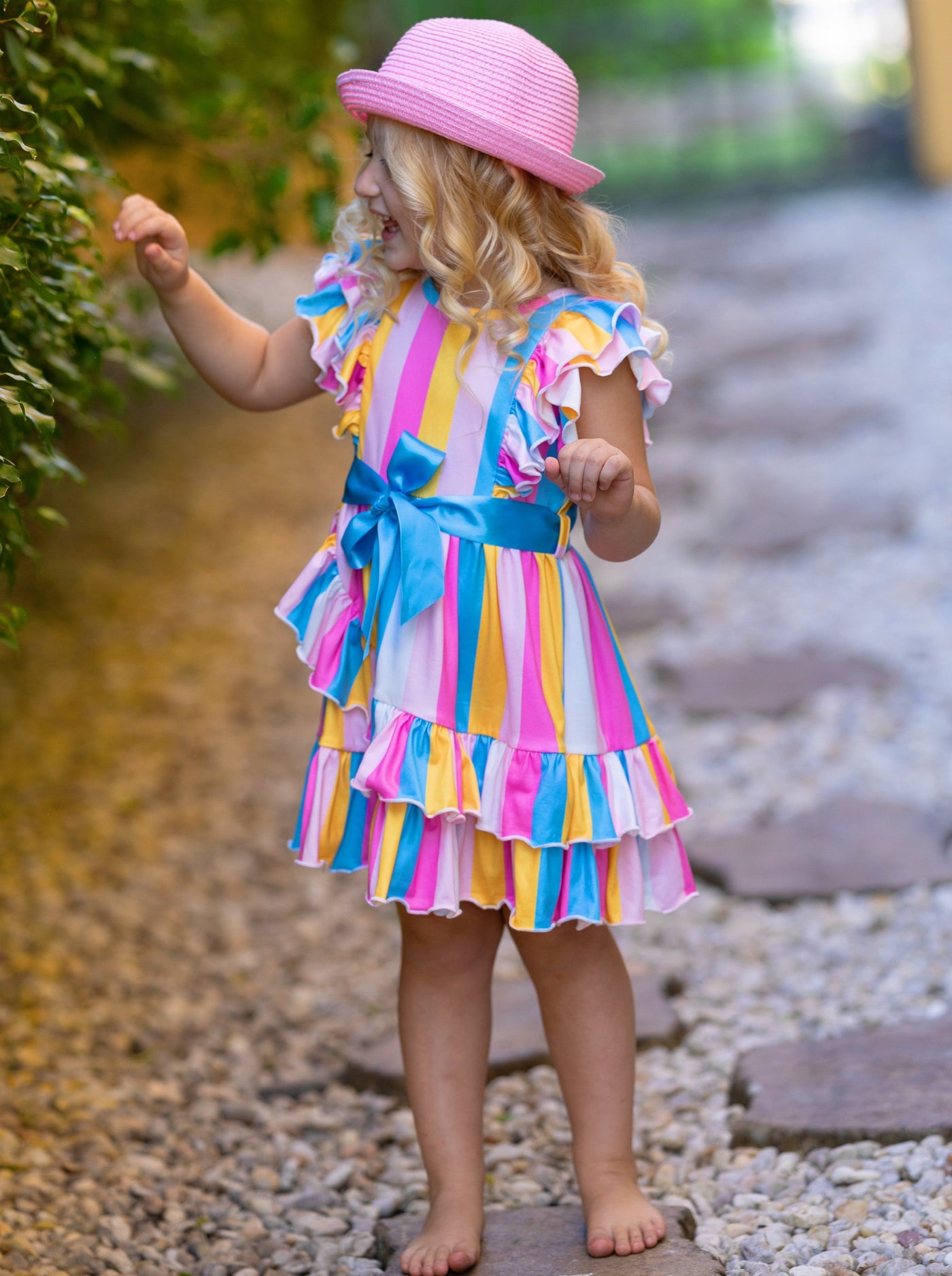 Cute Spring Toddler Outfits | Girls Rainbow Stripe Ruffle Wrap Dress