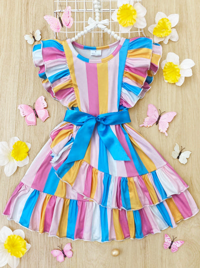 Cute Spring Toddler Outfits | Girls Rainbow Stripe Ruffle Wrap Dress