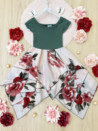 Toddler Spring Dresses | Girls Olive Floral Smocked Handkerchief Dress