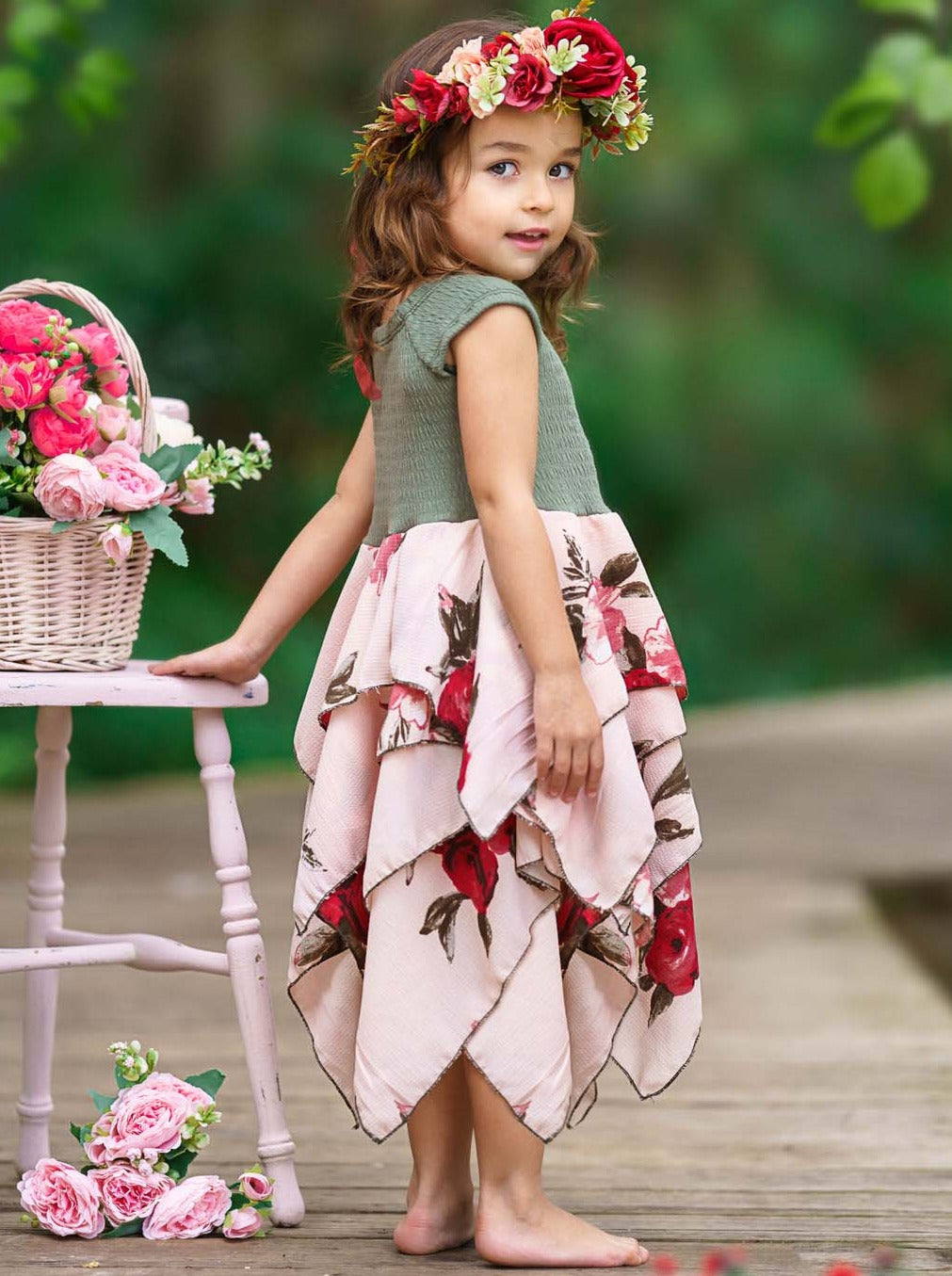 Toddler Spring Dresses | Girls Olive Floral Smocked Handkerchief Dress