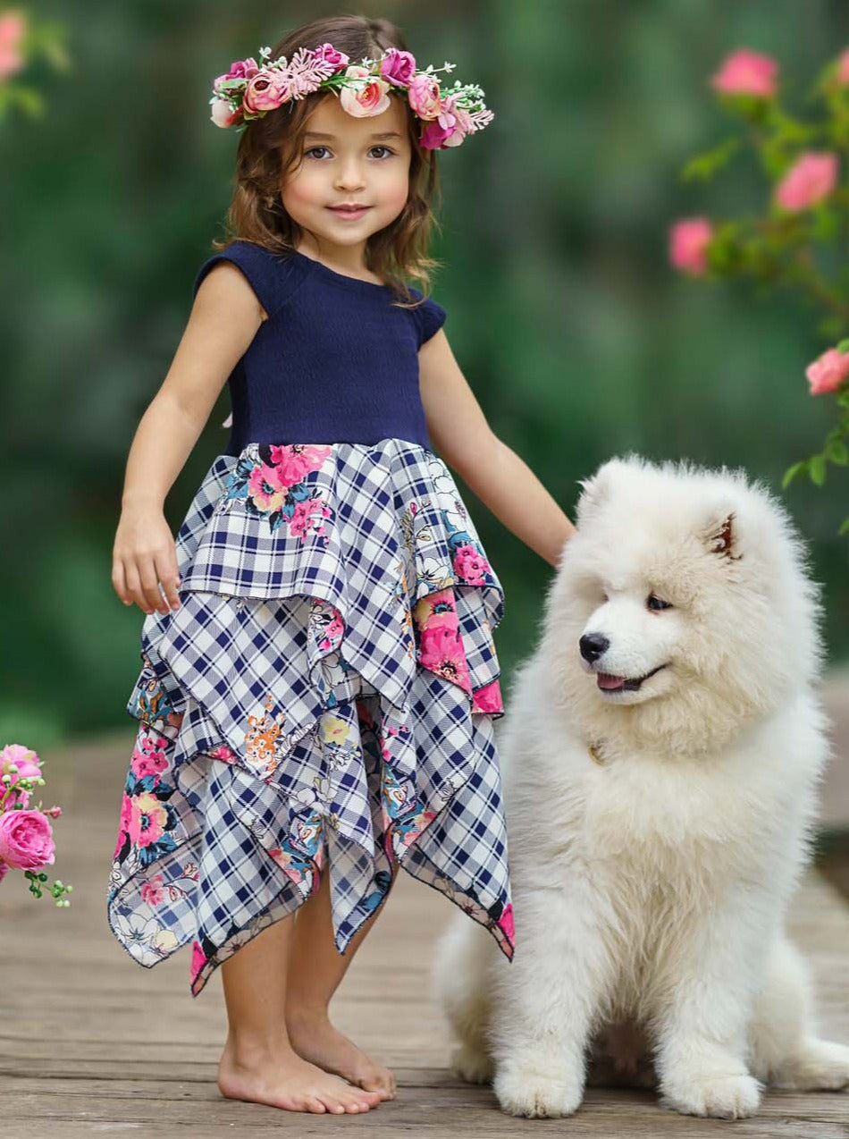 Toddler Spring Dresses | Girls Floral Plaid Smocked Handkerchief Dress